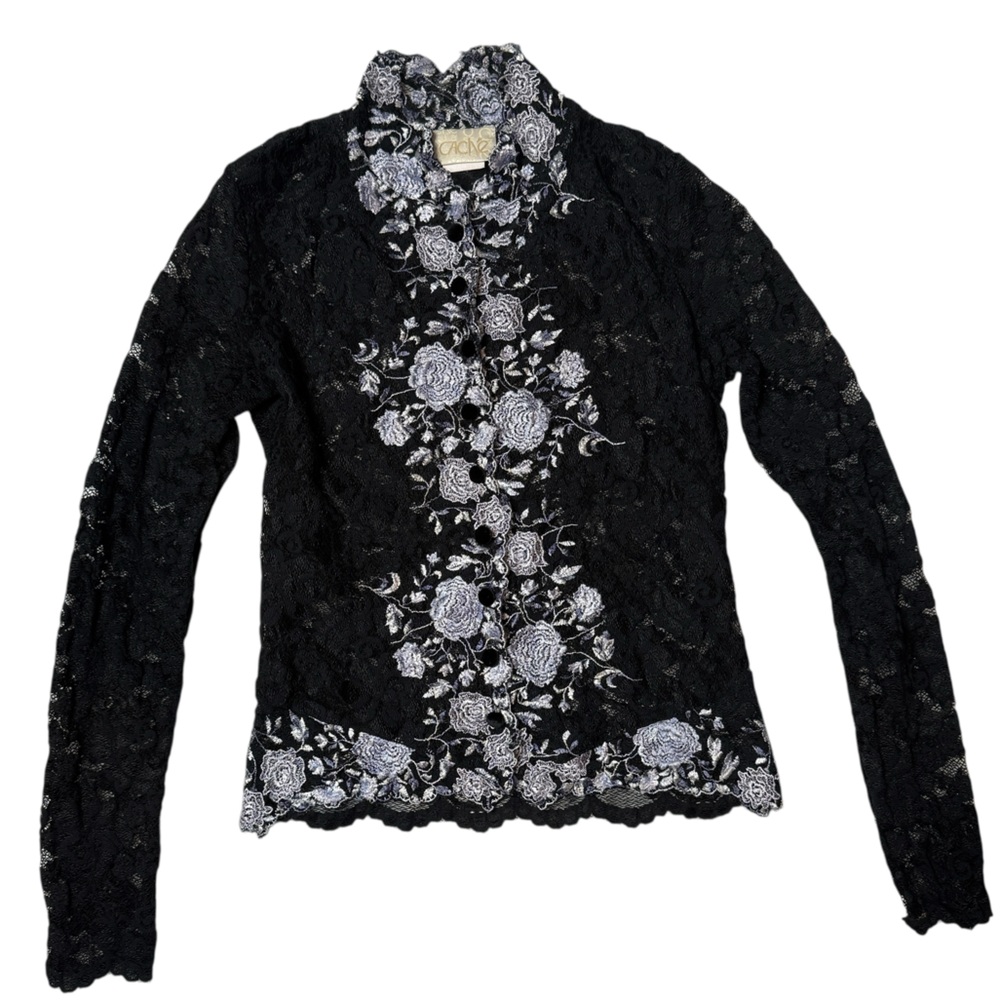 Cache Vintage Y2K Lace Long Sleeve Button Up Top Black Silver Whimsigoth Vamp